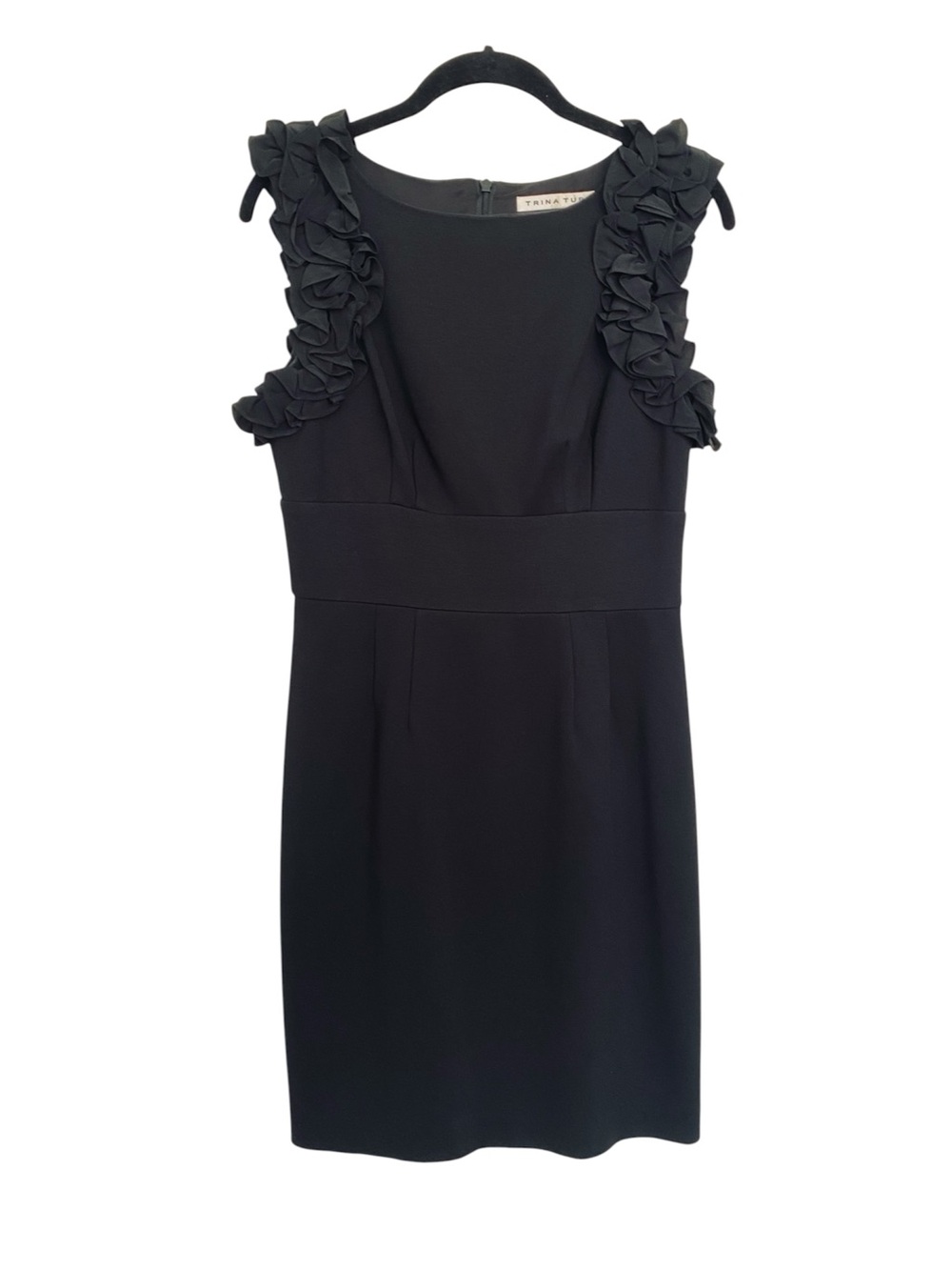 Trina Turk Mina Ruffle Ponte Sheath Dress Black Women’s 6 Cocktail LBD